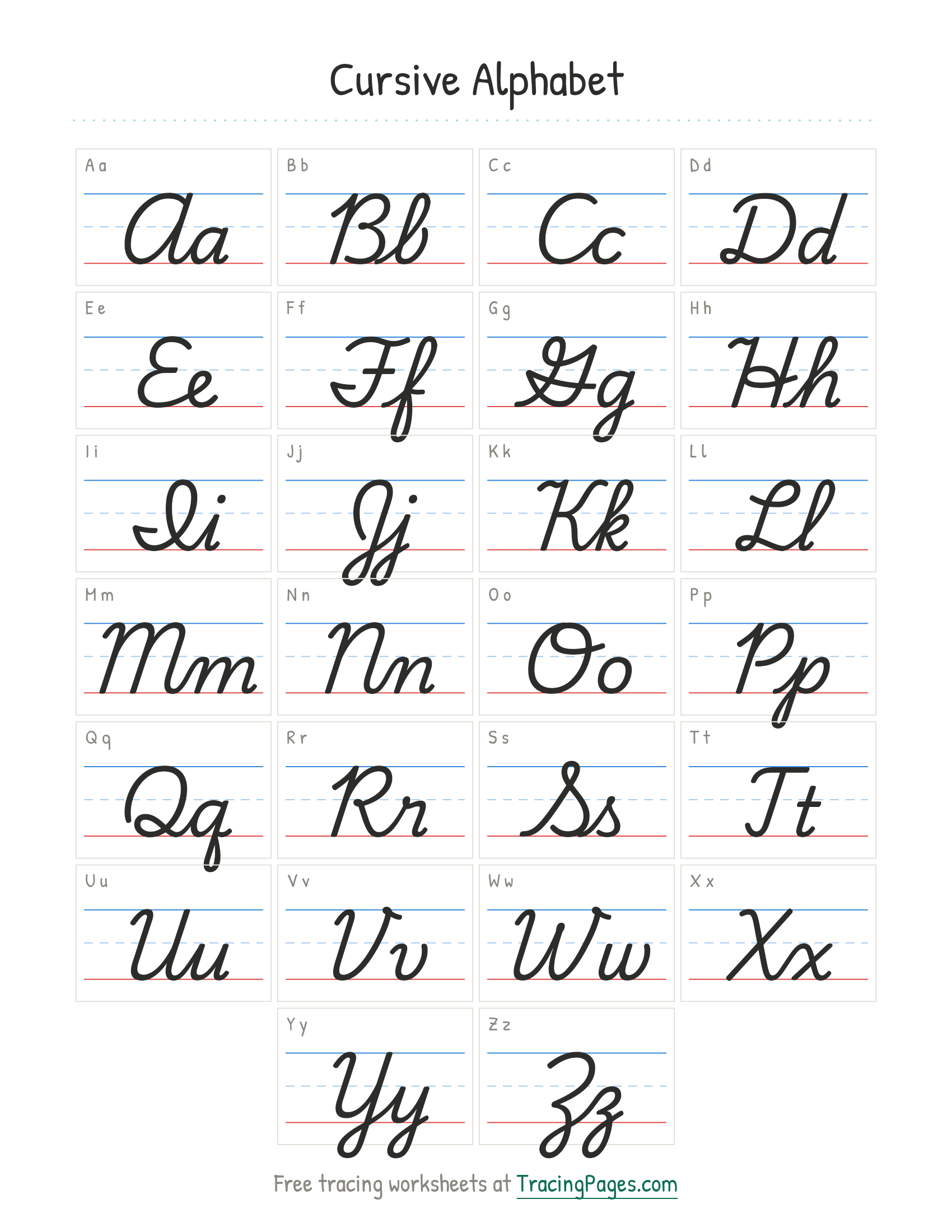 Cursive alphabet chart showing every capital and lowercase letter from A to Z on handwriting guide lines