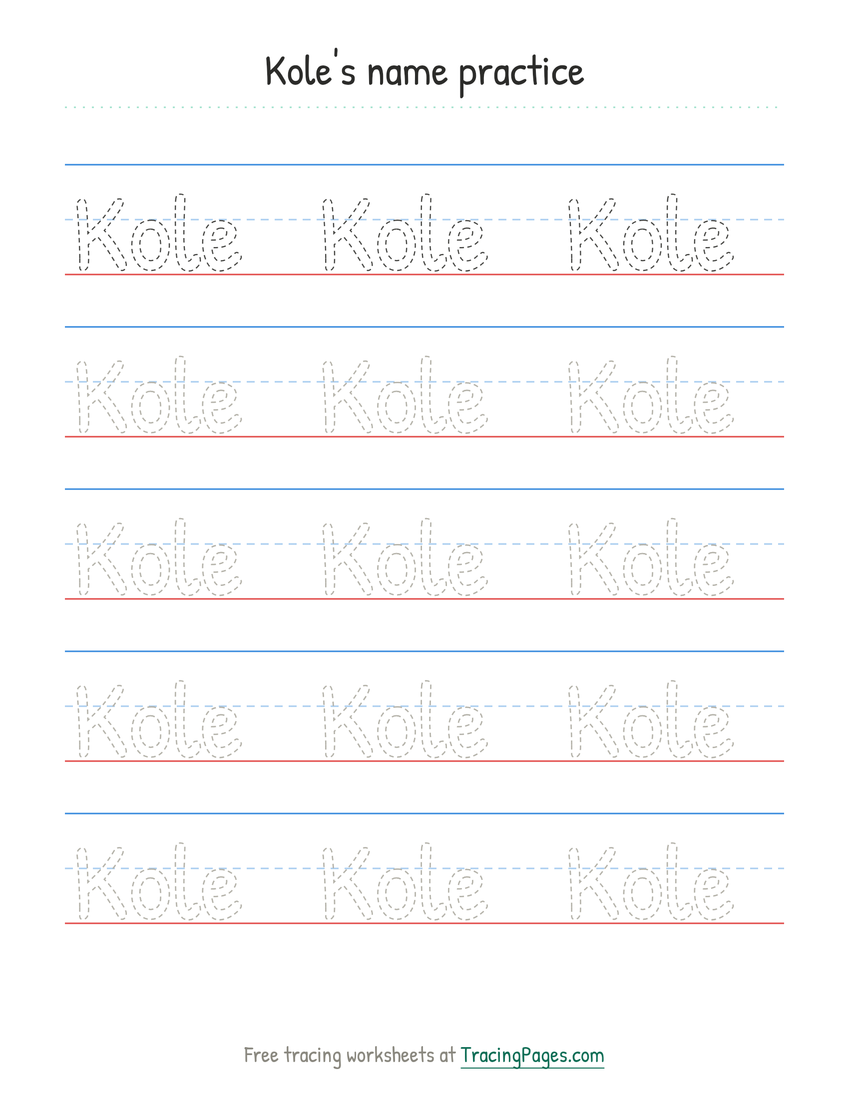 Kole Name Tracing Worksheet - Free Printable PDF