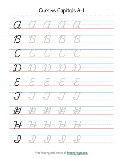 Cursive practice sheet, Capitals A–I