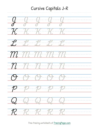 Cursive practice sheet, Capitals J–R
