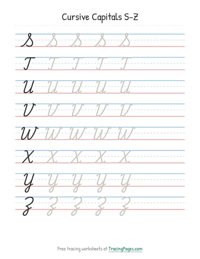Cursive practice sheet, Capitals S–Z