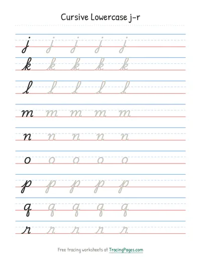 Cursive practice sheet, Lowercase j–r