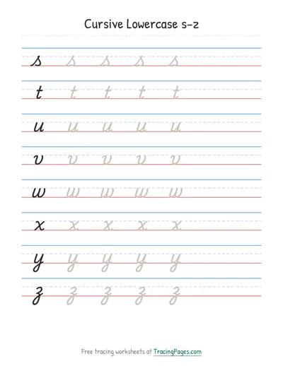 Cursive practice sheet, Lowercase s–z